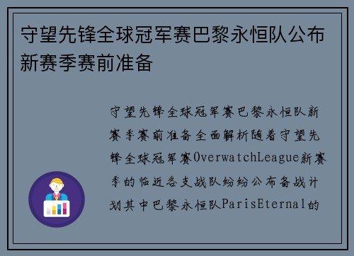 守望先锋全球冠军赛巴黎永恒队公布新赛季赛前准备