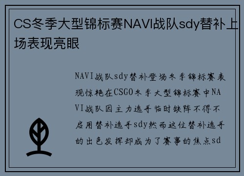 CS冬季大型锦标赛NAVI战队sdy替补上场表现亮眼